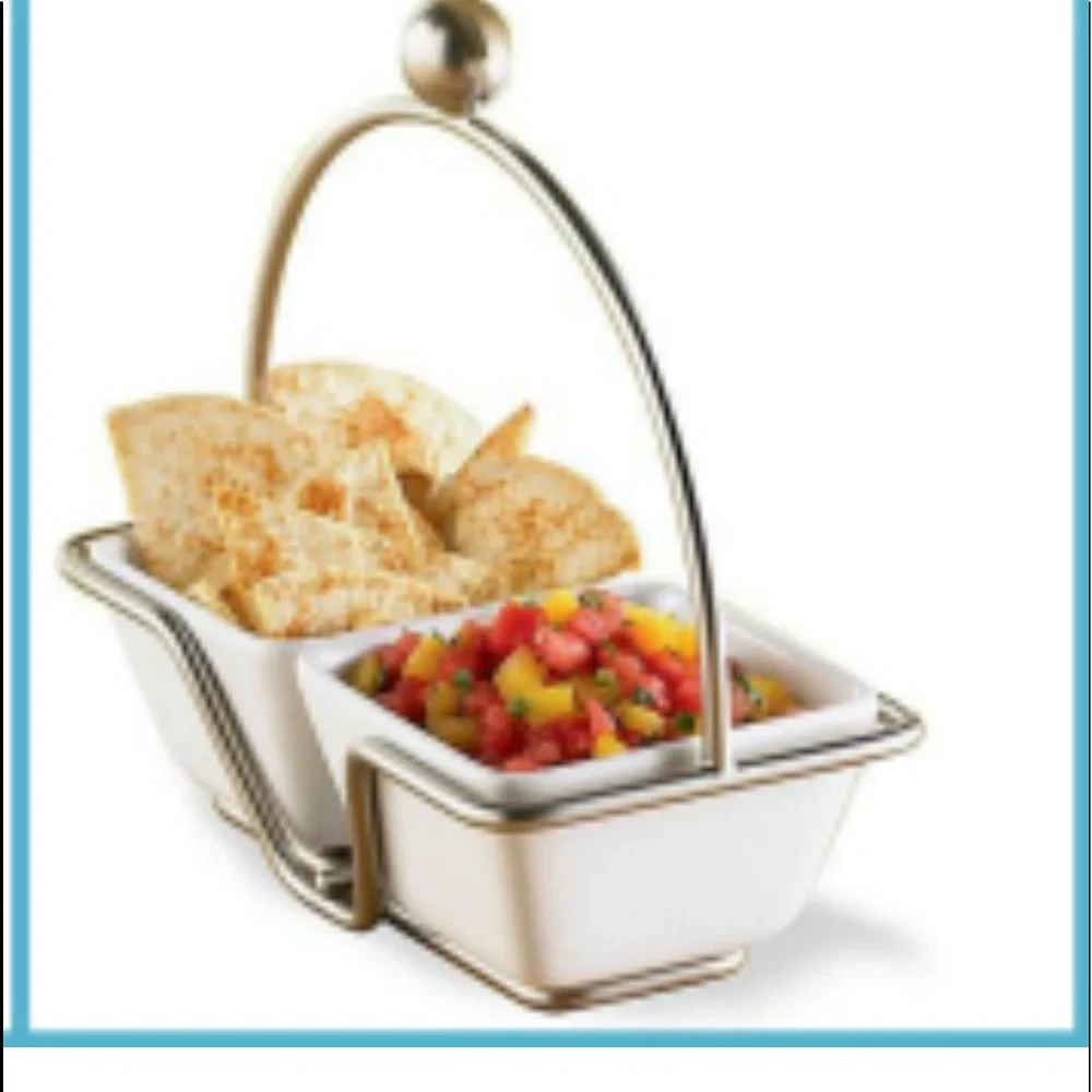 PAMPERED CHEF Simple Additions Brushed Silver Caddy w/ 2 Square White Bowls